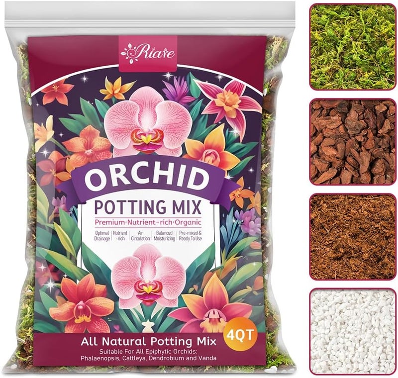 Riare 4QT Orchid Potting Mix for Repotting- Orchid Repotting Kit Include Moss, Pine Bark, Perlite, Coco Peat- Premium Orchid Soil Medium for Indoor Potted Plants Root Ventilation & Expanding - Image 1